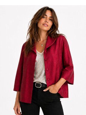 Eileen Fisher Silk Jacket Raspberry Red Textured Relax Fit Blazer Medium